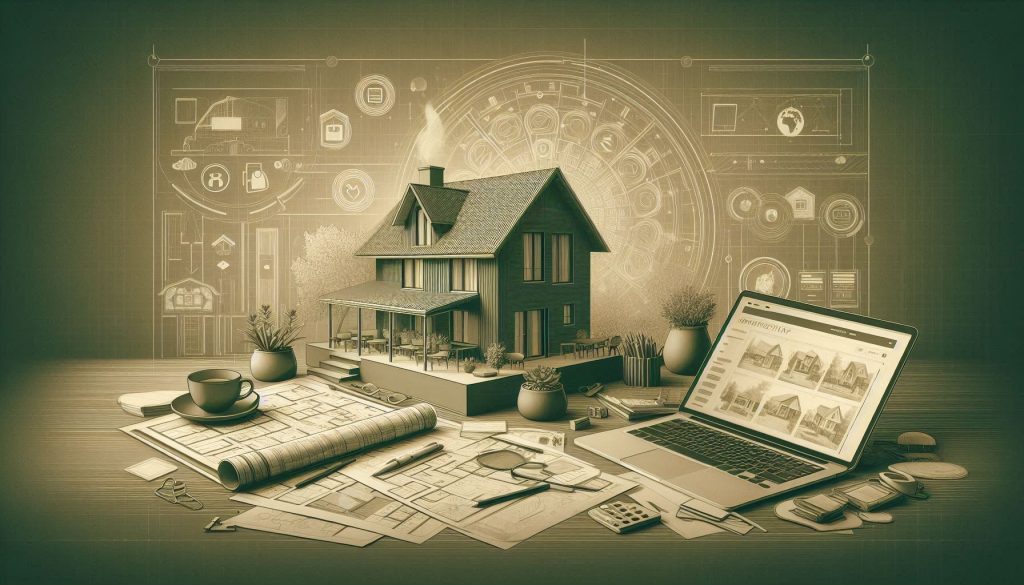 Digital illustration in olive green tones showing a workspace with blueprints, laptop, and a cozy homestay silhouette — representing 360° services for homestay and BnB setup, renovation, government registration, and digital marketing